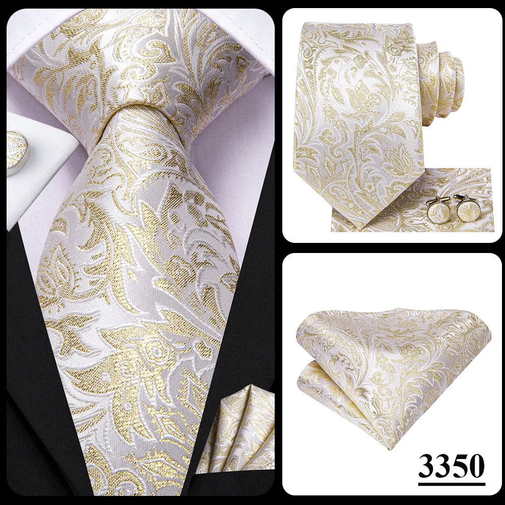 Hi-Tie Champagne Floral Paisley Silk Elegant Tie For Men Groom Wedding Men Necktie Pocket Square Cufflink Accessory Wholesale