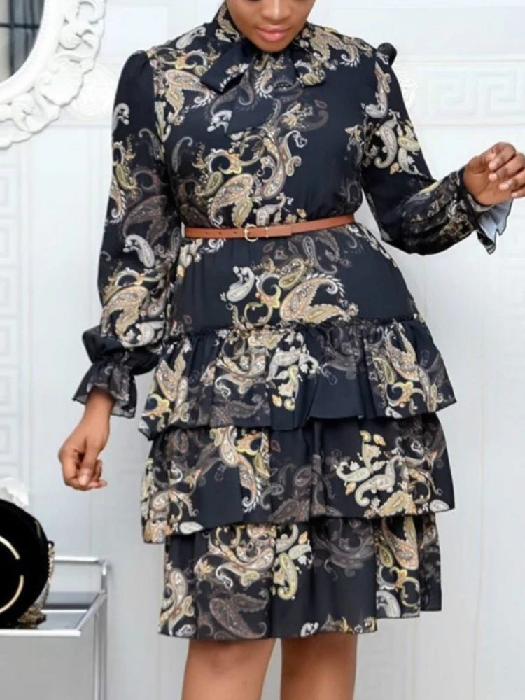 Women Printed Dresses Long Sleeves Bowtie Cake Dress Female Ruffles Pleated Africn Fashion Lovely Date Sweet Vestidos Big Size