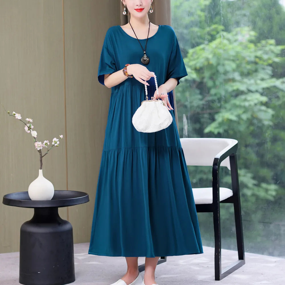 New Fashion 2023 Causal Summer Dresses For Women Loose Solid Long O-neck Dress Vintage Short Sleeve Womens Clothing