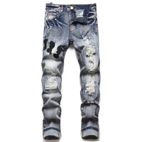 High Quality Letter Star Jean Men Embroidery Patchwork Ripped Jeans For Men Trend Brand Motorcycle Pant Mens Jean Skinny