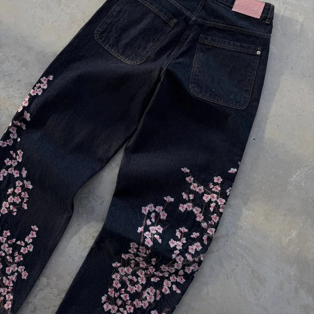 Y2K Baggy Jeans Oversized Cherry Blossom Embroidery Harajuku Vintage Wide Leg Pants Gothic Men Women Hip Hop Straight Leg Pants