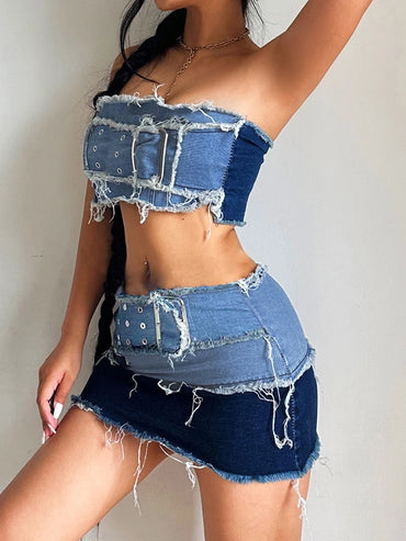 Weekeep Cargo Style Denim Tube Top Chic Big Belt Patchwork Strapless Corset Tops Women y2k Aesthetic Crop Tanks Sexy Streetwear