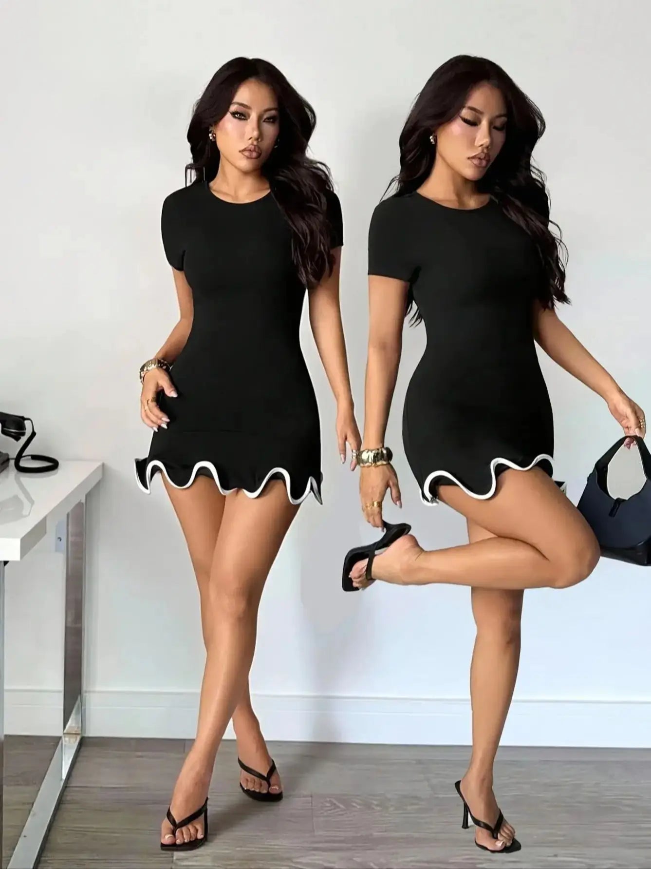 Round neck ruffled slim-fit mini dress
