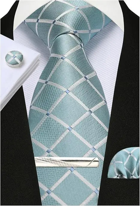 100% Silk Ties for Men Plaid & Checks Tie Clip Handkerchief Woven Classic Men's Necktie Pocket Square Set Formal Wedding Ties