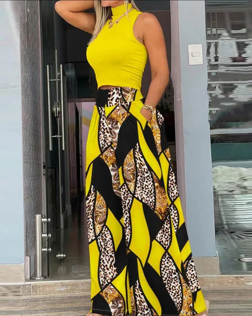 2026 Summer Fashion Printing Two Piece Set Women Casual Solid Sleeveless Tank Top Wide Leg Pants Two Piece Set Women