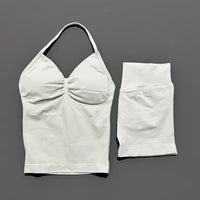 2 Pieces Sports Set Women Backless Halter Tops Fitness Tank Top High Waist Seamless High Stretch Shorts Gym Workout Sets
