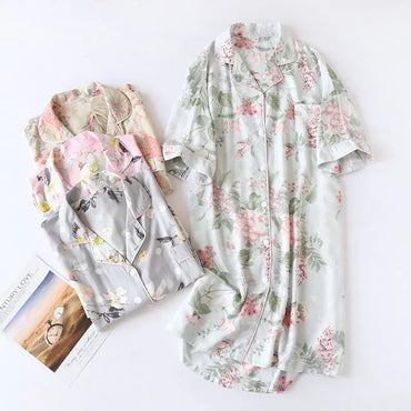 Women Summer Cotton Cardigan Nightdress Loose Women Short Sleeve Nightgown Cartoon Floral Print Sleep Dress Nachtkleding Vrouwen