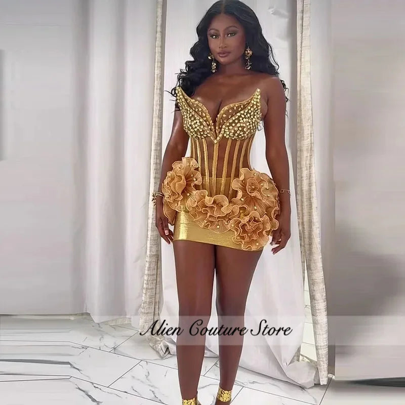 Gold Short Cocktail Dresses With Beads Ruffles Exposed Boning Corset Back Sexy Prom Dress African Women Celebrity Party Gowns