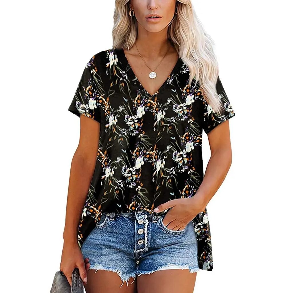 Women'S T-Shirt Summer Short-Sleeved Tops Casual Floral Print Fashion V-Neck Tshirt Summer Short-Sleeved Fancy Pullover Clothing