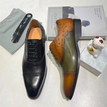 Italian Men's Wingtip Oxford Shoes Genuine Cowhide Fashion Men's Handmade Lace-Up Mixed Color Office Wedding Party Formal Shoes