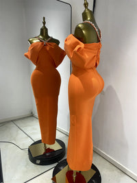Women Luxury Orange Crystal Halter Off Shoulder Long Bandage Dress One Piece Celebrity Evening Club Party Dresses Wholesale
