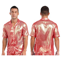 Mens  Shine Button See Through Shirt Top for Disco Party Rave Outfits Turn-down Collar Hip Hop Blouses Beachwear Rave Clubwear