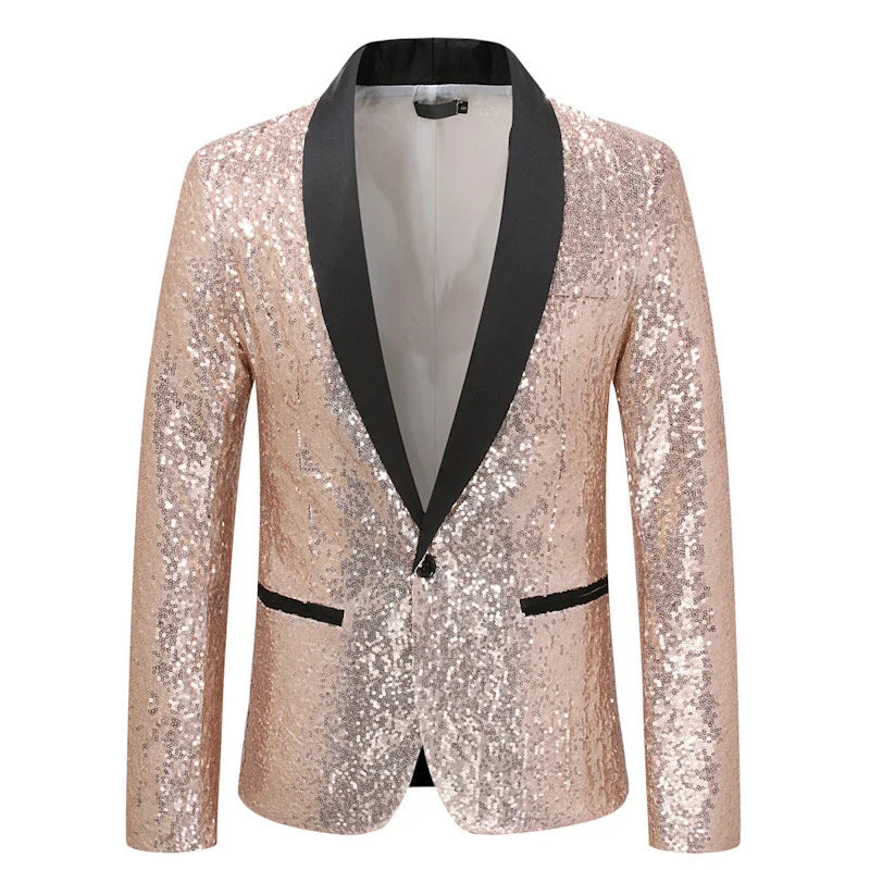Shiny Sequin Men's Suit Jacket, Stage Performance Coat, White Silver Blue Red Purple Blazers V-neck Single Button S M L XL XXL