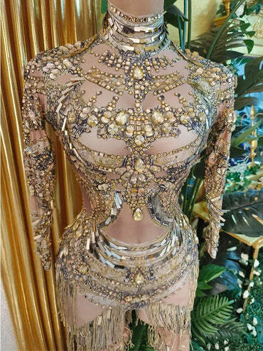 Sparkly Gold Crystals Fringes Leotard Women Rhinestones Performance Dance Costume Stage Wear Club Outfit Sexy Tassel Bodysuit