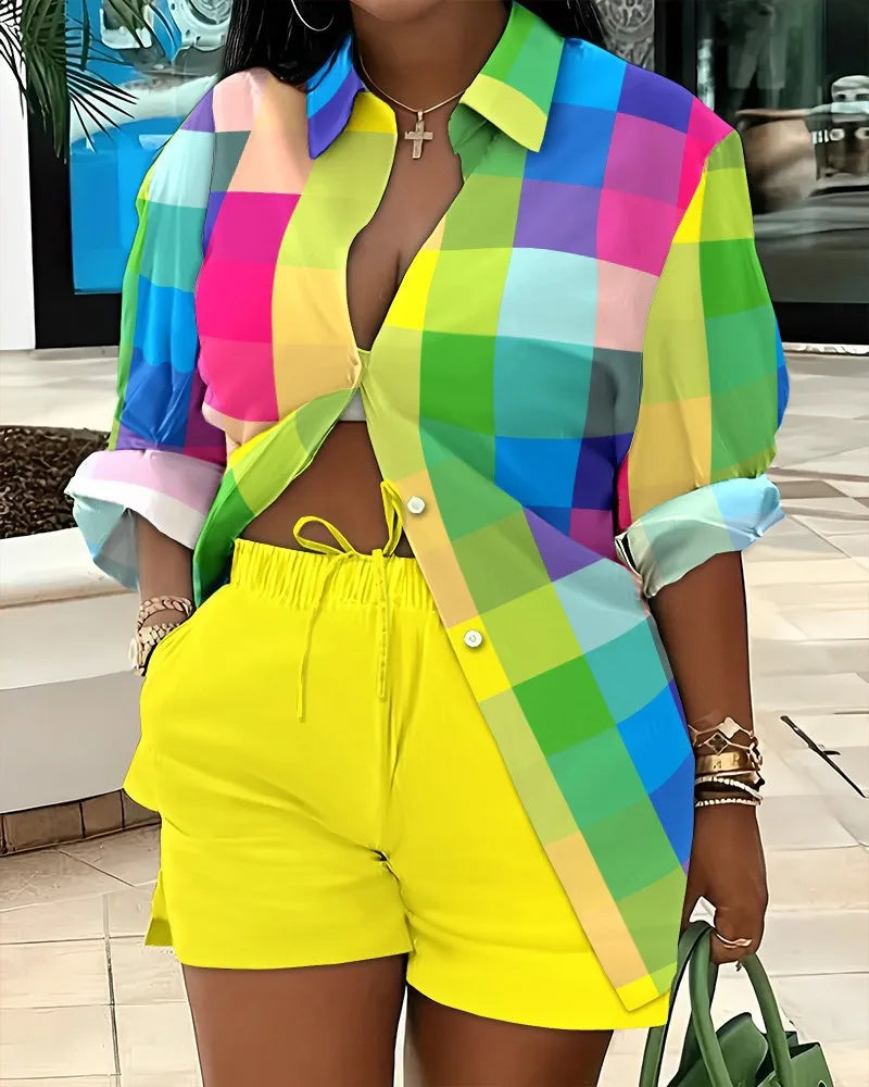 2025 Spring Autumn Casual Woman Sets Fashion Shirt Printed Button Shirt&Shorts Streetwear Shorts Pant Outfit Suit Two Piece Set