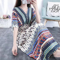 Summer Poplin Dresses Women Round Neck Puff Short Sleeve A Line Print Dresses Ethnic Style Tight High Waist Long Dress 2023