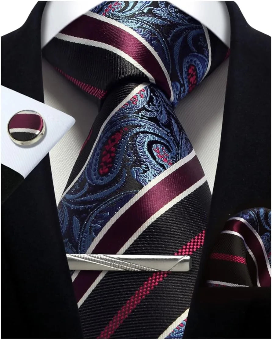 Mens Tie Set Silk Silver Paisley Floral Necktie and Pocket Square Cufflinks Tie Clip Classic Formal Ties for Men Wedding Party