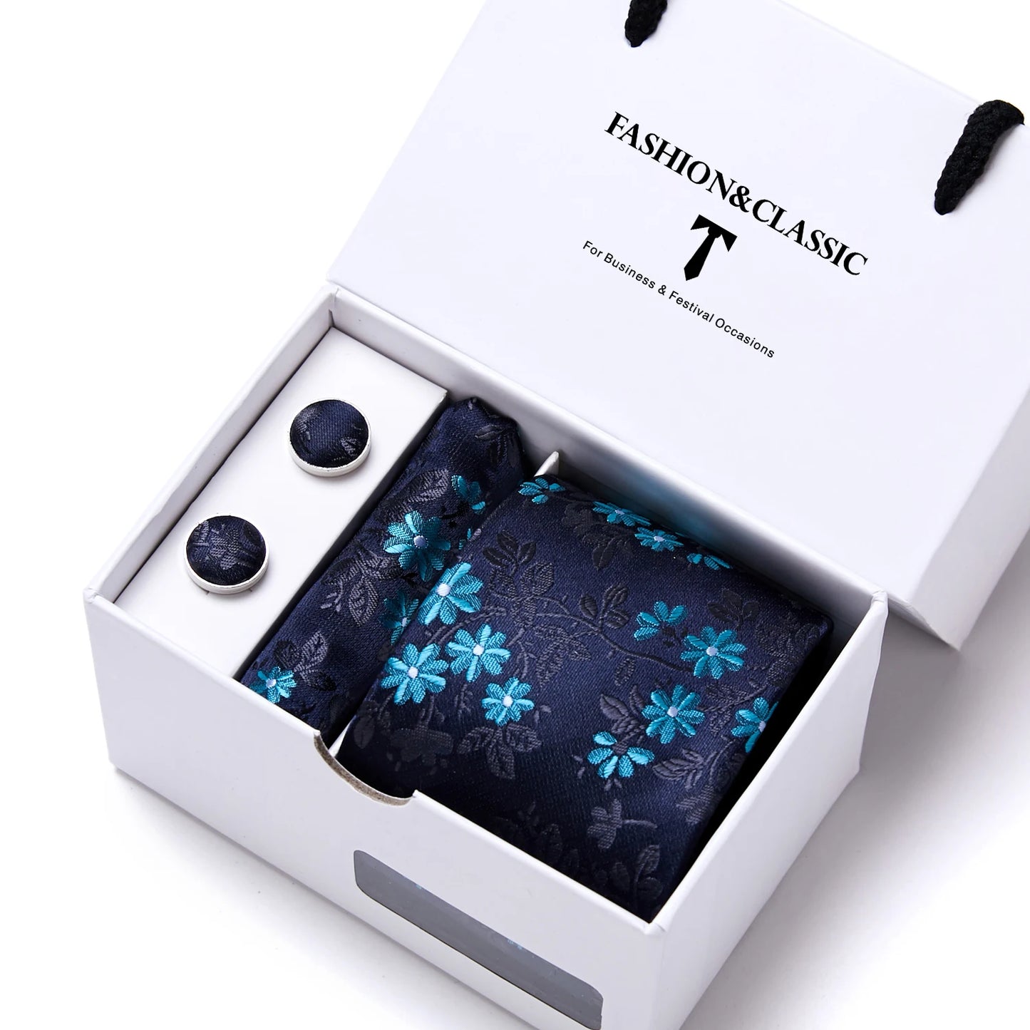 High Quality 7.5 cm Stripe Blue Tie Pocket Square Cufflinks Set For Men Gift Box Wedding Gravatas Fit Workplace