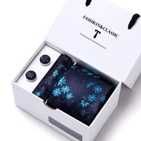 High Quality 7.5 cm Stripe Blue Tie Pocket Square Cufflinks Set For Men Gift Box Wedding Gravatas Fit Workplace