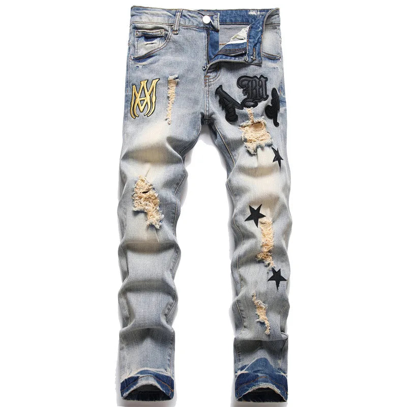 High Quality Men’s Slim-fit Blue Ripped Jeans,Light Luxury Embroidery Decorating Sexy Jeans,Stylish Street Fashion Jeans;