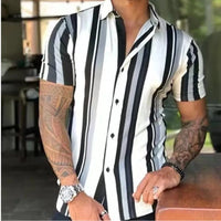 New Men's Shirts Fashion Stripes Print Short-sleeved Tees Summer Tops Men Turn-down Collar Button Casual T-shirt Clothing