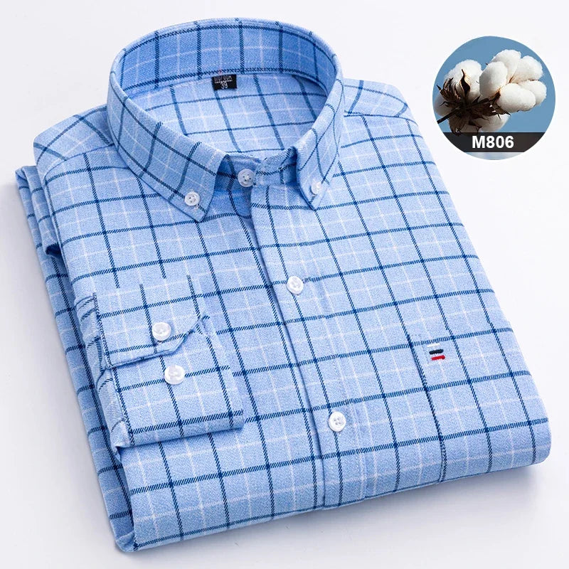 New in shirtplus size 7XL 100%cotton sanding long-sleeve shirts for men slim fit plain shirt striped plaid single pocket clothes