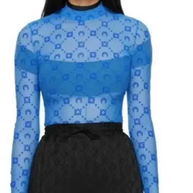 Spring Fashion and Sexy Perspective Women's Pullover Mesh T-Shirt New Semi High Neck Long Sleeved Slim Fit Elastic Women T-Shirt