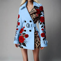 Women New Long Sleeve Floral Flower Printed Office Coat Double Button Belt Lapel Collar High Waist Jacket