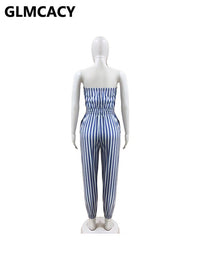 Women Casual Striped Jumpsuit Slim Zipper Front Tube Jumpsuit Overalls