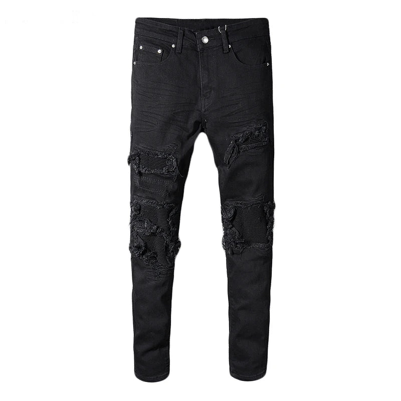Sokotoo Men's black patchwork stretch denim biker jeans for motorcycle Slim fit skinny ripped pencil pants