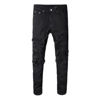 Sokotoo Men's black patchwork stretch denim biker jeans for motorcycle Slim fit skinny ripped pencil pants