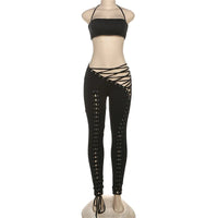FAGADOER Sexy Bandage Patchwork 2 Piece Sets Woman Outfit Halter Sleeveless Crop Tops and Pants Matching Suit Female Streetwear