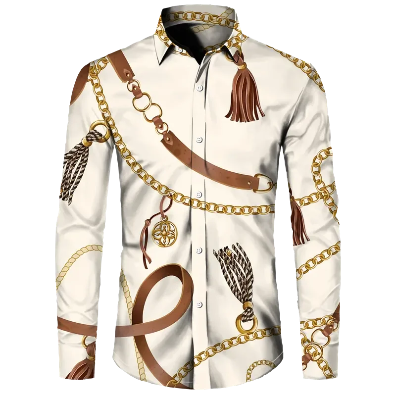Fashion Luxury Golden Flower Print Men's Shirts Baroque Style Short/Long Sleeve Lapel Button Up Tops Social Hawai Party Cardigan