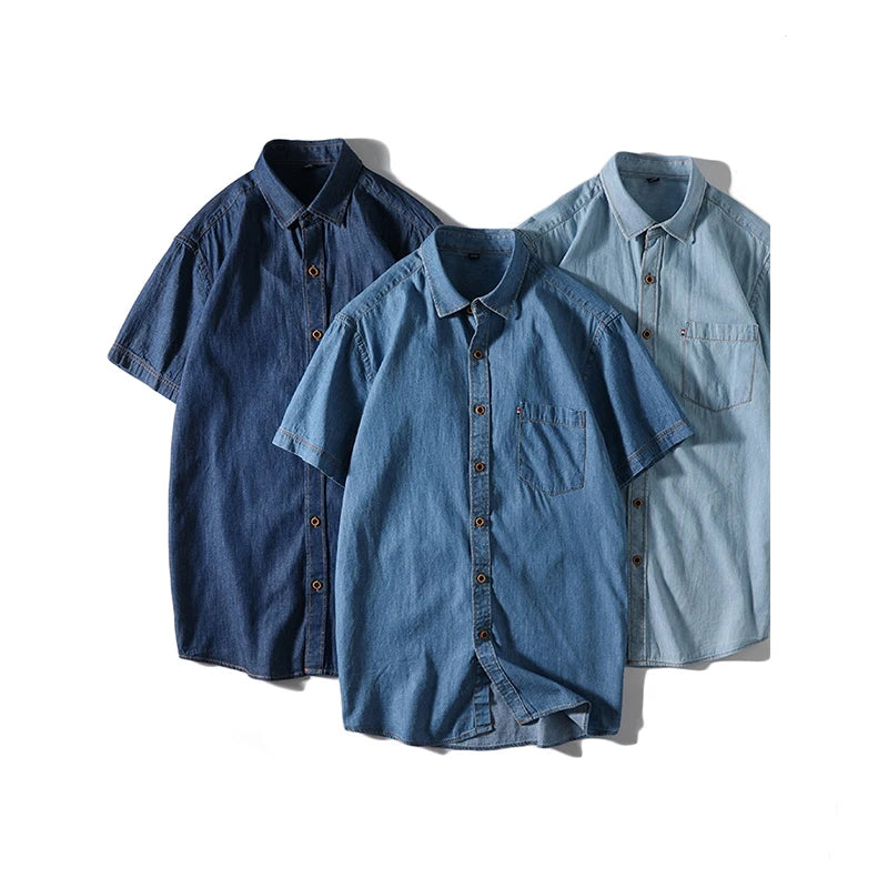 Mens Shirts Summer Men's Fashion Business Trend Cotton Denim Short-sleeved Shirt with All Cotton Solid Color Casual Thin Shirt