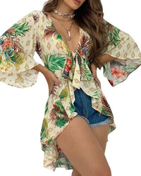 Boho Women Sexy V-Neck Bell Sleeve Fashion Tropical Print Tops Casual Loose Female Long Sleeve Shirt Vacation Holiday Cover Up