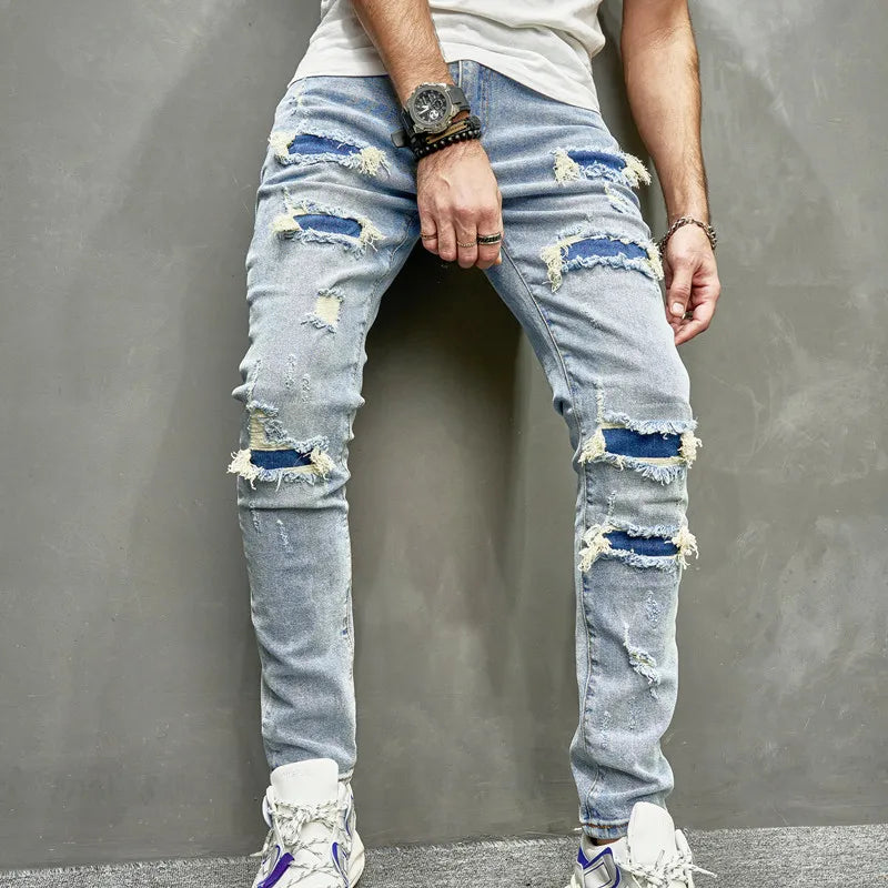 Street Stylish Men Holes Patch Skinny Pencil Jeans Pants Male Ripped Solid Slim Denim Trousers For Men's