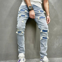Street Stylish Men Holes Patch Skinny Pencil Jeans Pants Male Ripped Solid Slim Denim Trousers For Men's