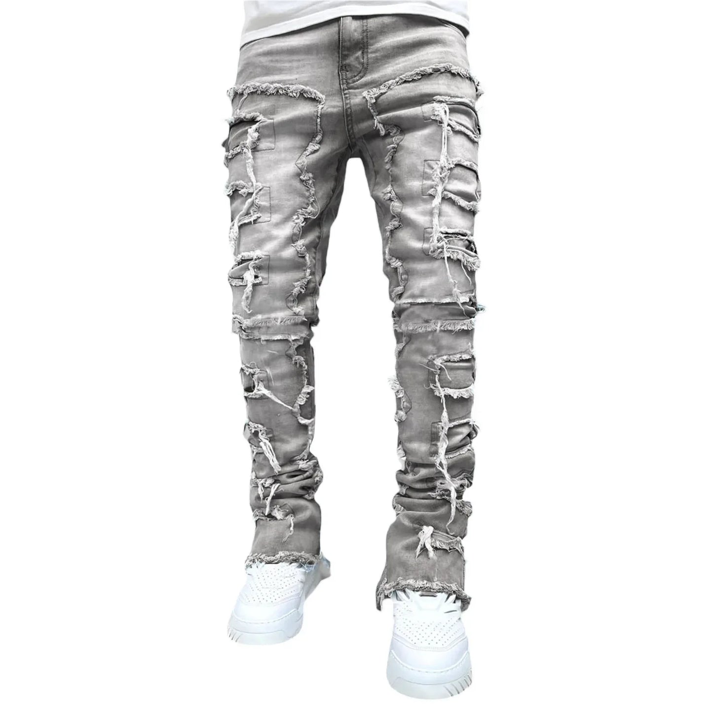 2025 Men Ripped Stacked Jeans Distressed Slim Fit Skinny Straight Leg Jeans Fashion Hip Hop Denim Pants Casual Streetwear