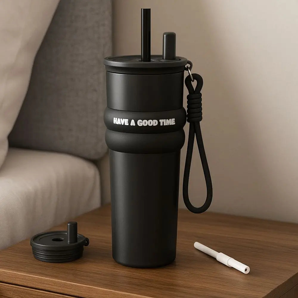Stainless Steel Vacuum Insulated Bottle Large Caliber Large Capacity Thermal Cup With Straw with Lifting Rope Insulated Cup Car