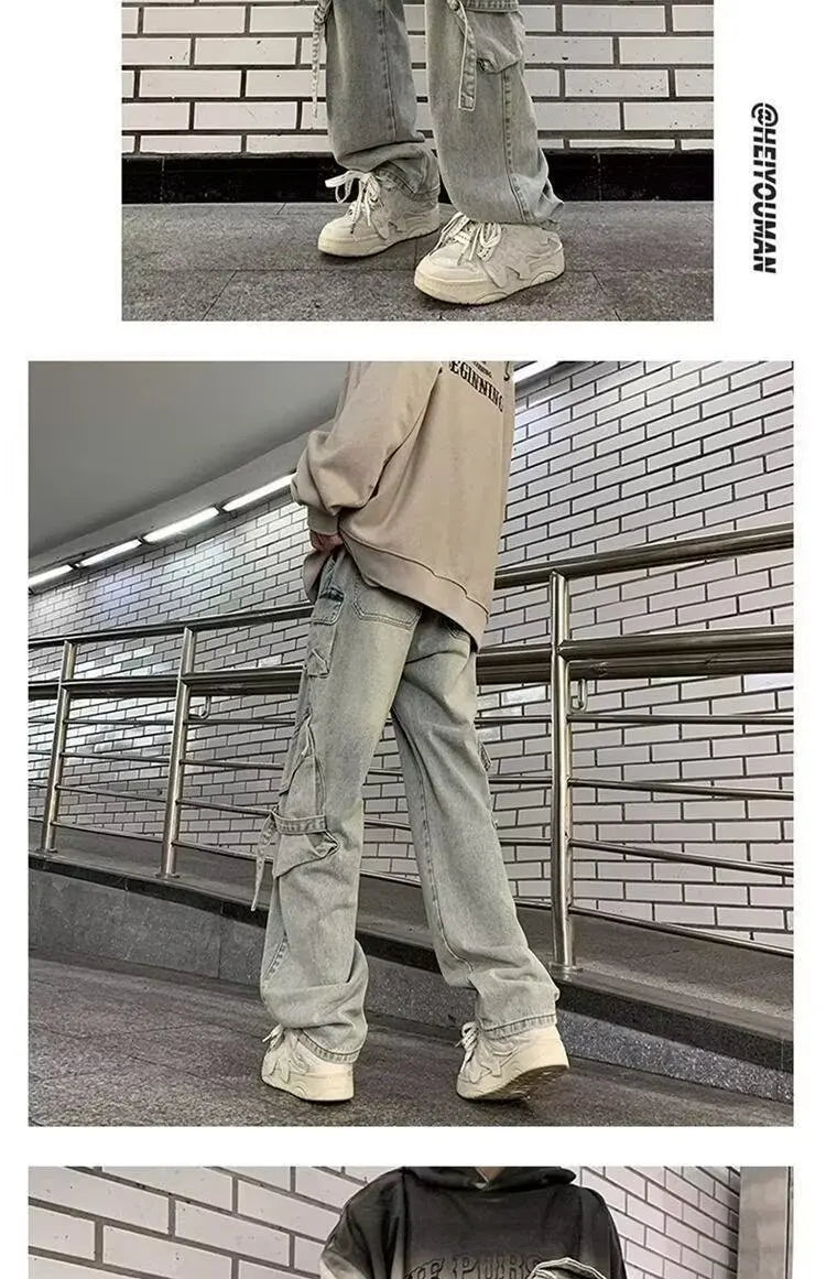 2025 Mens Workwear Jeans Multiple Pockets Loose Straight Leg Spring Autumn Wide Casual Pants  Street Fashion Long Trousers