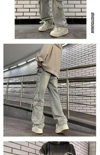 2025 Mens Workwear Jeans Multiple Pockets Loose Straight Leg Spring Autumn Wide Casual Pants  Street Fashion Long Trousers