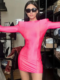 Dulzura Solid Shoulder Pad Long Sleeve With Gloves O-Neck Mini Dress 2023 Summer For Women Sexy Y2K Bandage Dress Body-Shaping