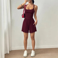 Spring And Summer Women's Fashionable Sleeveless Jumpsuit, Casual Adjustable Shoulder Strap Pleated Slim Short Jumpsuit