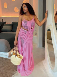 Kliou Ruched Elegant 2 Piece Set Woman Low-Neck Backless Camisole Tops+Elastic Waist Long Skirts Midnight Prom Party Outfits