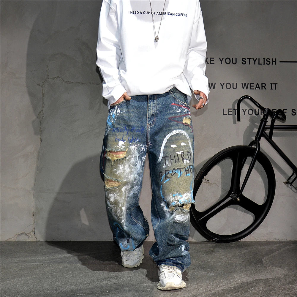High End Men'S Clothing Hip Hop Graffiti Baggy Jeans For Men Streetwear Skateboard Ripped Jeans Korean Trendy Denim Trousers