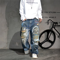 High End Men'S Clothing Hip Hop Graffiti Baggy Jeans For Men Streetwear Skateboard Ripped Jeans Korean Trendy Denim Trousers