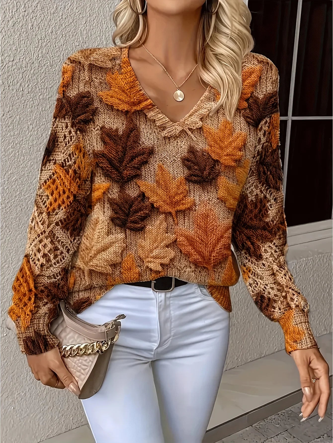 Elegant Bohemian Floral V-neck Long Sleeved Top Fashionable V-neck Pullover Hollow Printed Sweater Pullover 2025 Casual Knitwear