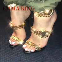 Gold Watch Studded Sandals Open Toe High Heel Ankle Strap Sandals Back Zipper Metal Chain Gladiator Sandals Summer Party Shoes