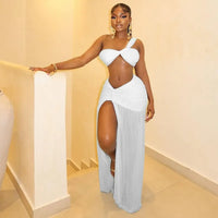 Women's One-Shoulder Strap Crop Bra Tops & Gauze Spliced Draped Split Long Skirt, 2pcs Set
