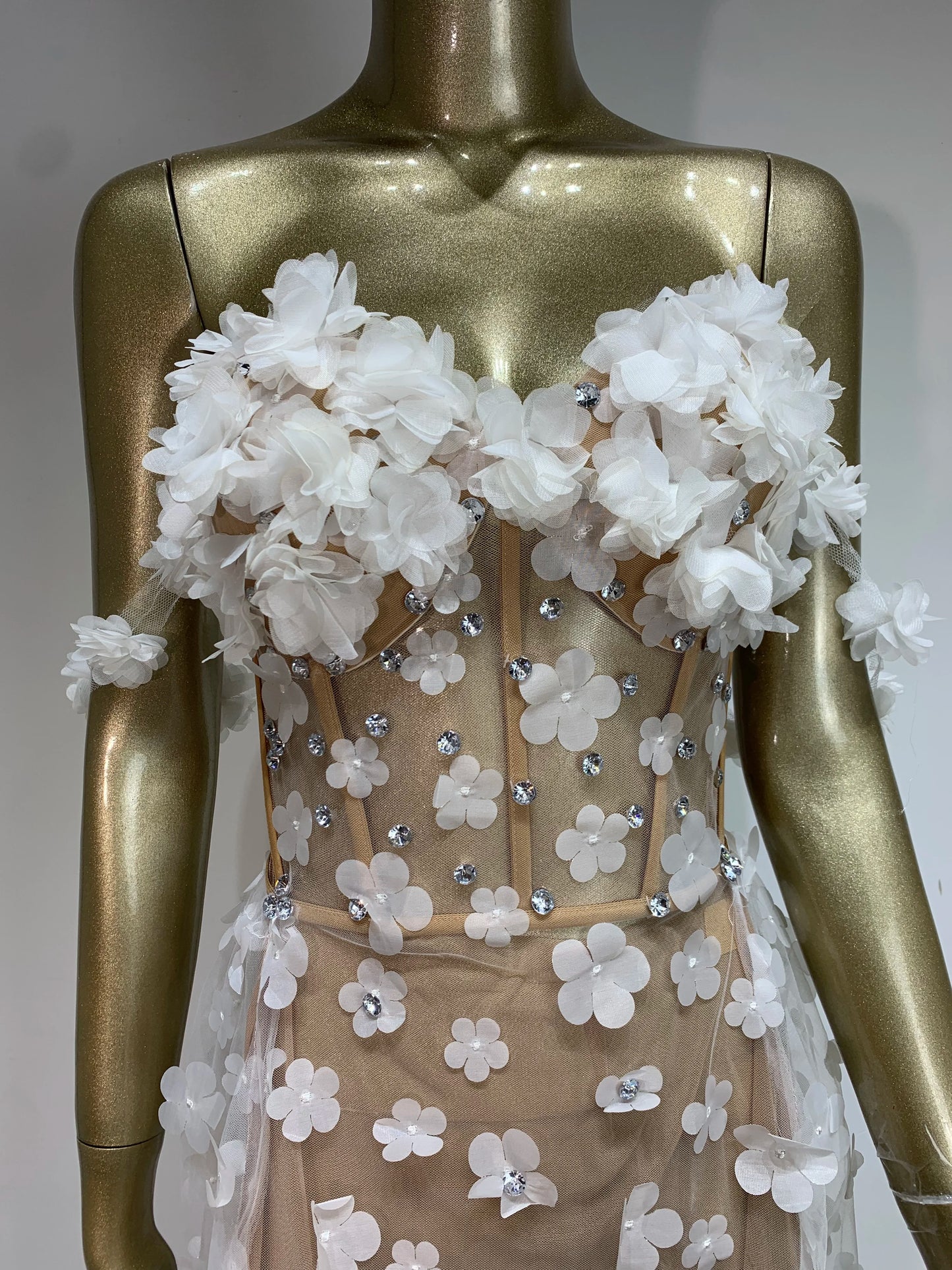 STOCK Women Sexy Strapless White Flower Crystal Long Dress 2024 Elegant Evening Club Party Dresses Stage Performance Clothing